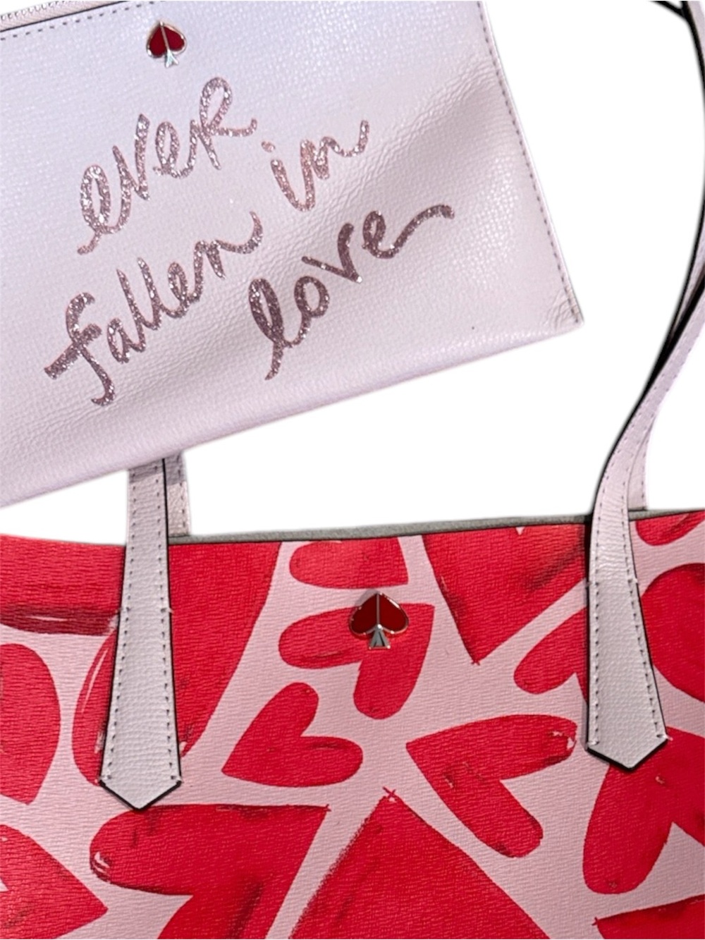 Kate Spade New York Heart Print Tote Bag with Matching Zip Wristlet Pink Red - Picture 6 of 7